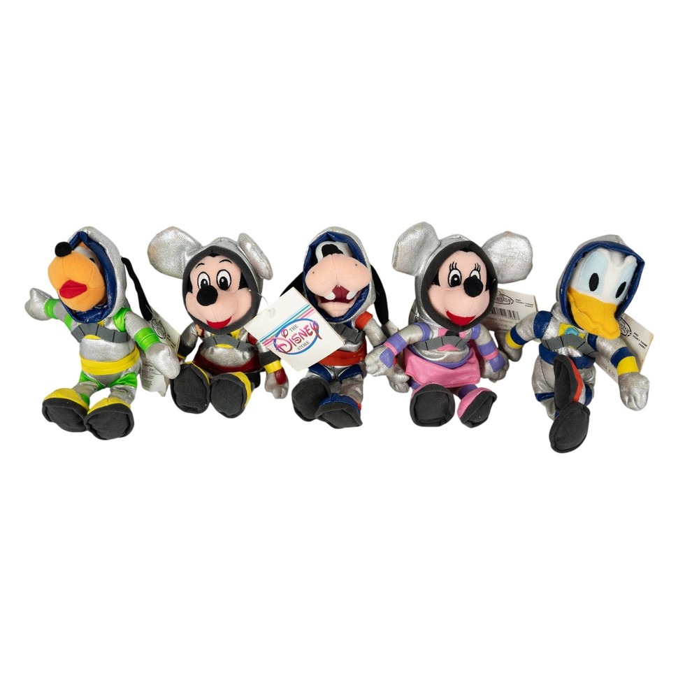 Disney Store Plush 9in Silver 5p Spaceman Mickey Minnie Donald Goofy Pluto Retro